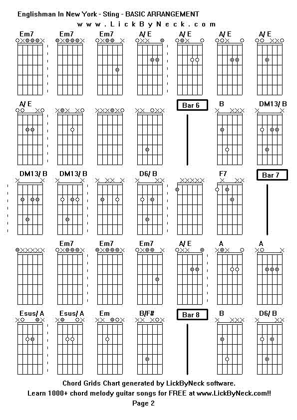 Chord Grids Chart of chord melody fingerstyle guitar song-Englishman In New York - Sting - BASIC ARRANGEMENT,generated by LickByNeck software.